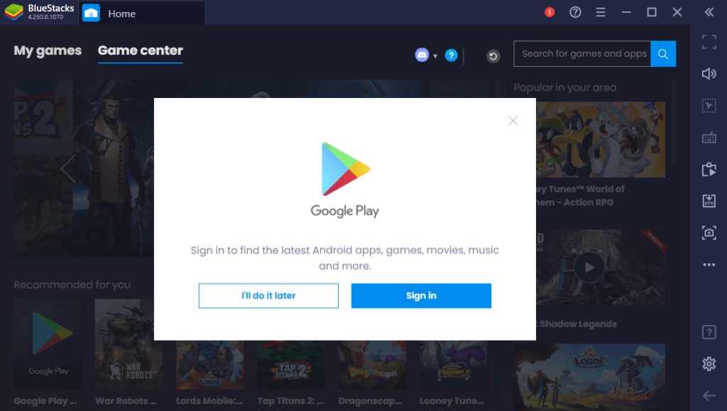 Signing in to BlueStacks