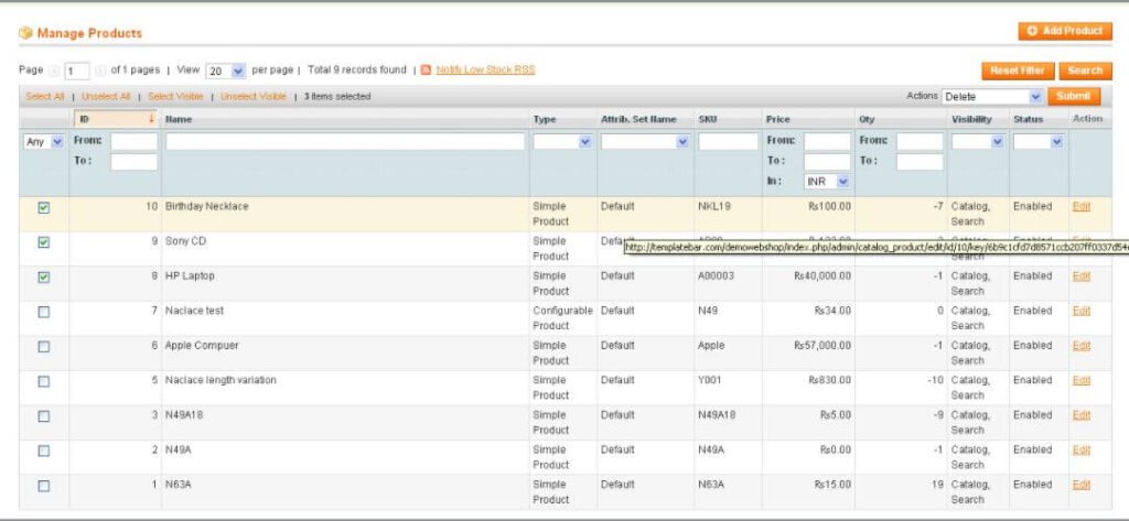 Deleting a product from Magento